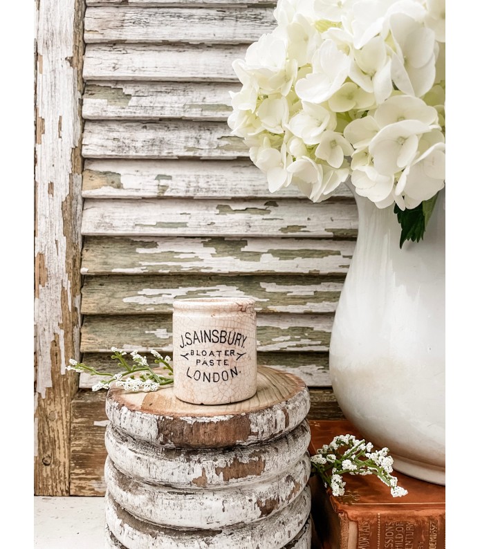  Antique English Early J. Sainsbury's Bloater Paste Ironstone Crock - Rare, Crazed, beautiful light staining